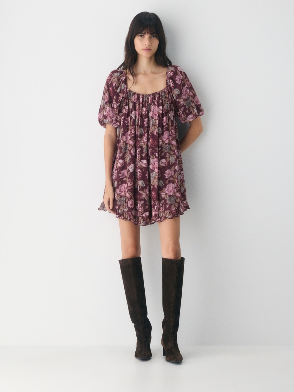 Aritzia Wilfred Sunset Dress Floral Babydoll Mini Dress Cordovan Frzn Berry S